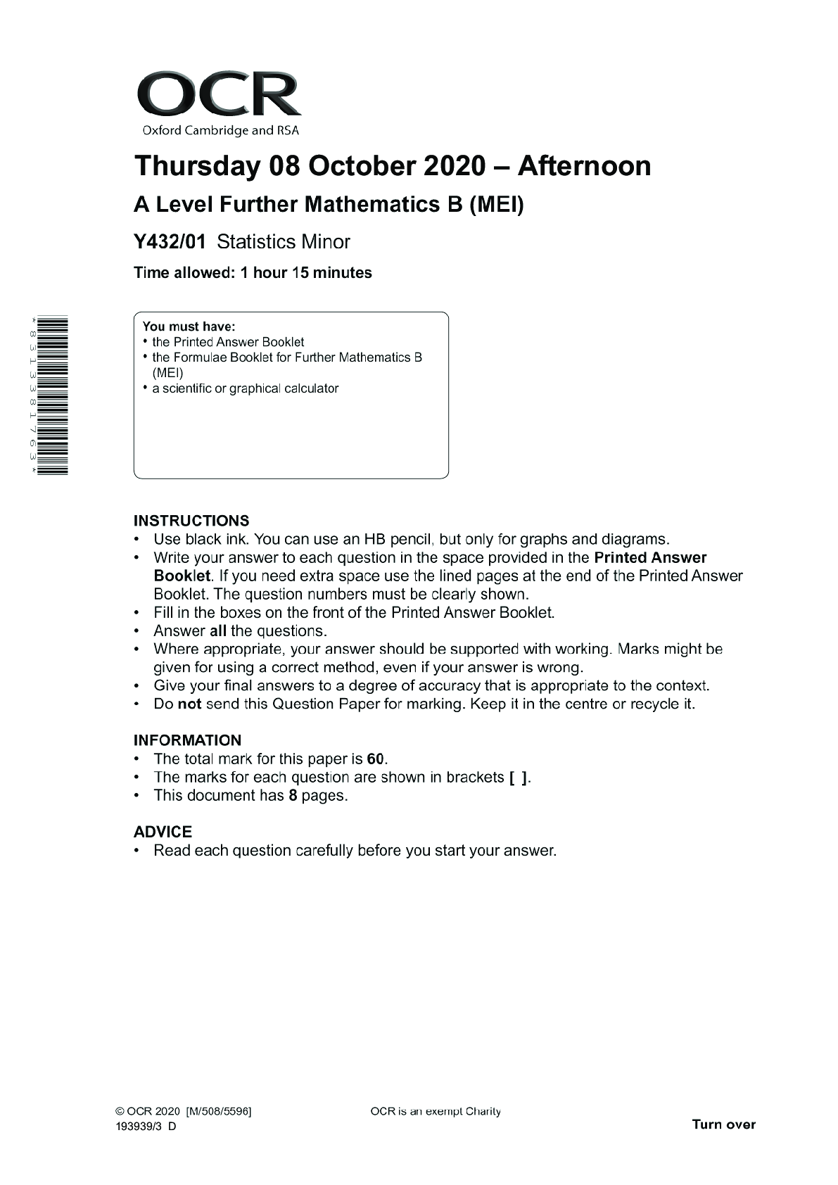 Preview image for Further Mathematics B (MEI) Y432/01: Statistics minor Advanced GCE QUESTION PAPER for November 2020
